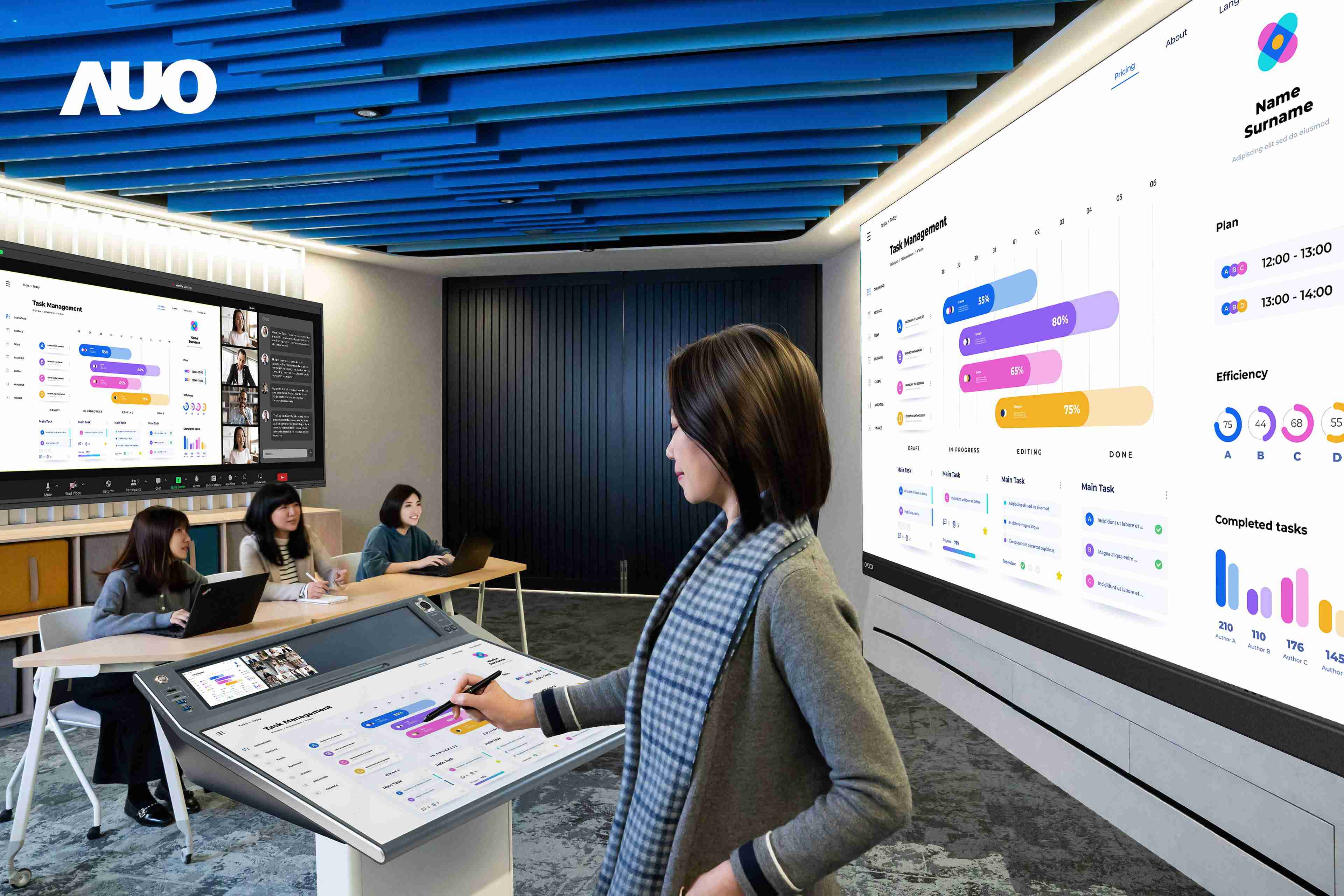 达擎携手Avocor与Rise Vision展示全方位商务领域应用，，，包含采用模块化设计的138吋一体式All-in-One LED显示器及具21:9超宽比例的92吋交互式电子白板（IFPD），，讲者可轻松分享内容，，，，有效提升会议协作效率。。